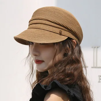 Японская Дизайнерская кепка газетчика, Женские Летние Корейские Новые Береты, Повседневная Модная Соломенная шапка UPF50 + Солнцезащитная шляпа Gorras Изображение