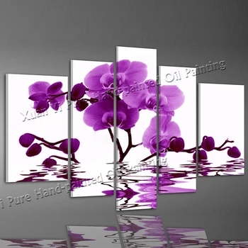 5 Панелей Настенного искусства, ручная роспись Фиолетовым элегантным цветком, абстрактный пейзаж, картина маслом, домашний декор Изображение