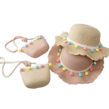 Новые повседневные солнцезащитные шляпы и сумки принцессы для девочек, комплекты для летнего пляжного отдыха, соломенная шляпа для защиты от солнца, Детские мультяшные панамы Изображение