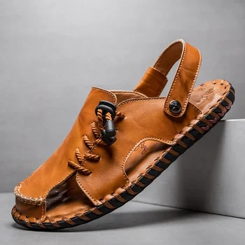 2023 Мужские сандалии, Модная Пляжная обувь из натуральной кожи в Римском стиле, Мужские Дышащие Летние Сандалии для отдыха, Повседневная обувь Изображение