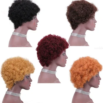 Короткие Вьющиеся парики из бразильских волос Для чернокожих женщин Pixie Cut Натуральный черный бесклеевой афро-кудрявый кудрявый парик Изображение