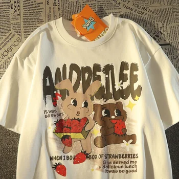Милые футболки с рисунком Клубничного Кролика и Медведя Y2K, Топы в американском ретро стиле с коротким рукавом, Милая Летняя хлопковая футболка, Свободная Повседневная подростковая Изображение
