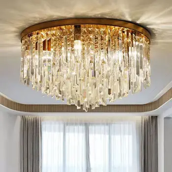 GPD Современный круглый потолочный светильник для спальни, хрустальный светильник для гостиной, скандинавский светодиодный светильник E14 для внутреннего освещения кухни, коридора, золотой Изображение