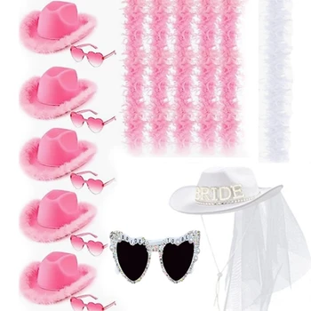 Ковбойская шляпа + солнцезащитные очки + полоски, набор для свадебного душа, для девичника, невесты и подружек Невесты, шляпа Невесты с вуалью Изображение