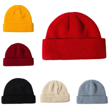 Женская повседневная кепка Зимняя унисекс, вязаные шапочки в рубчик, шапки для женщин, мужские, детские, для девочек, для мальчиков, черный, серый, красный, сплошной цвет Изображение