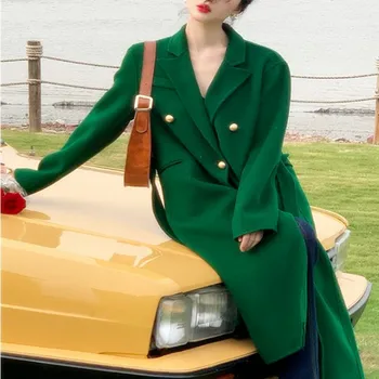 Зимнее Винтажное Двустороннее Шерстяное пальто, Женская Шерстяная верхняя Одежда X-long зеленого Цвета с поясом Изображение