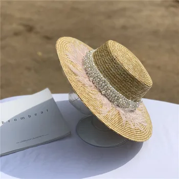 Соломенная шляпа с широкими полями, Кожаная, украшенная жемчугом, летняя шляпа с плоским верхом, женская модная Пляжная шляпа, Джазовая панама, шляпа Дерби в Кентукки Изображение