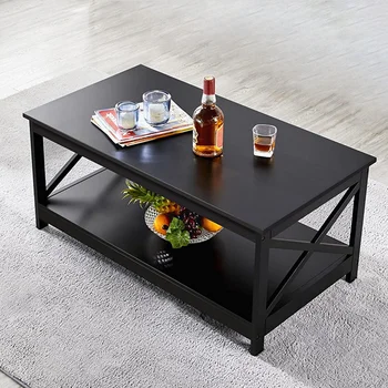 Журнальный столик, мебель для гостиной, стол с полкой для хранения, черный Изображение