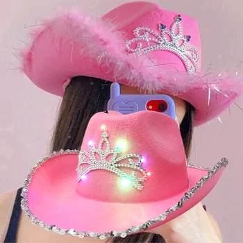 Западные ковбойские шапки розовые пастушка Hat для женщин, девушка тиара свечение пастушка шляпа праздник, костюм партия шляпа перо края Фетровая кепка Изображение