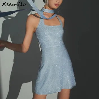 Xeemilo Сексуальное Блестящее платье с квадратным вырезом, Элегантное облегающее мини-платье на бретелях, без рукавов, с открытой спиной, 2023, Vestidos для свадебной вечеринки Изображение