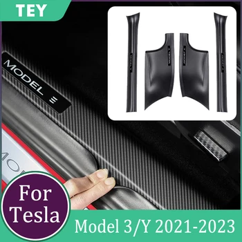 Наклейка в виде защитной полосы на пороге Tesla для Tesla Model 3/ Y 2021-2023 Аксессуары Для интерьера с рисунком из АБС-пластика из углеродного волокна Изображение