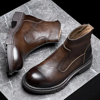 Повседневные ботинки Челси из натуральной кожи для зрелых мужчин на молнии в стиле ретро, зимняя модная обувь из воловьей кожи в английском стиле Изображение