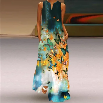 Лето 2023, Новое длинное платье с винтажным принтом в европейском и американском стиле, V-образный вырез, Многоцветное Длинное Сексуальное платье без рукавов Изображение