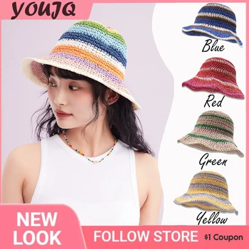 Корейское летнее солнце, соломенные пляжные шляпы ручной работы в цветную полоску, вязаные крючком, для женщин, девочек, Классическая шляпа в стиле Бохо, подарки на открытом воздухе Изображение