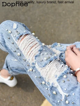 Рваные укороченные джинсы с жемчугом Горячего Бурения для женщин 2023, Летние Тонкие Мешковатые женские синие шаровары с высокой талией Изображение
