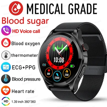 Смарт-часы Мужские Здоровый Уровень сахара в крови Bluetooth Вызов 360 * 360 HD Экран Спортивные Пульсометр Измеритель температуры тела Умные Часы для Android Изображение