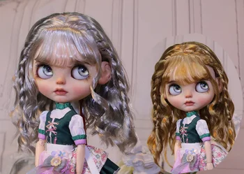 Кукольный парик Blythes подходит к размеру 1/6, модная новая универсальная имитация воздушной челки из мохера, двойная коса, волны для женщин, золотисто-коричневый Изображение