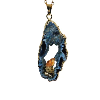 Ожерелье из голубого камня для женщин, цепочка 2023, подвеска с камнями из Жеода Друзы, агат, женская подвеска с нерегулярным отверстием, друза, крупный натуральный кусочек, 1шт Изображение