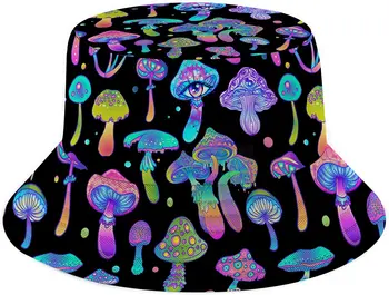 Волшебные грибы, шляпа-ведро в стиле хиппи для женщин и мужчин, Упаковываемая Дорожная Пляжная шляпа от солнца, Аксессуары для рейва на открытом воздухе, Рыбацкая кепка Изображение