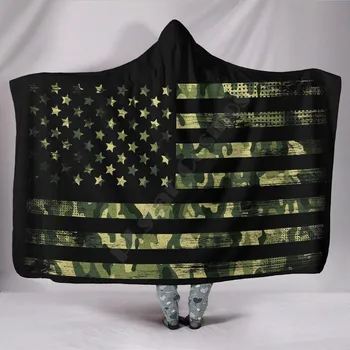 Армейский зеленый Камуфляж, Американский флаг, Носимое одеяло с 3D принтом для взрослых и детей, различные типы одеял с капюшоном, Флисовое одеяло 01 Изображение