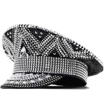 Роскошная женская шляпа капитана Невесты Со стразами, Черная военная шляпа, шляпа сержанта, шляпа для празднования Девичника, шляпа для дня рождения Изображение