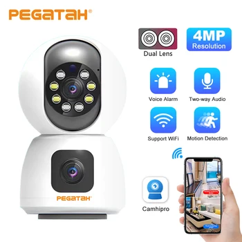 Беспроводная сеть PEGATAH 1080P HD Камера с двумя объективами, Радионяня, отслеживание искусственного интеллекта, Ночное Видеонаблюдение в помещении, IP-камера WIFI Изображение