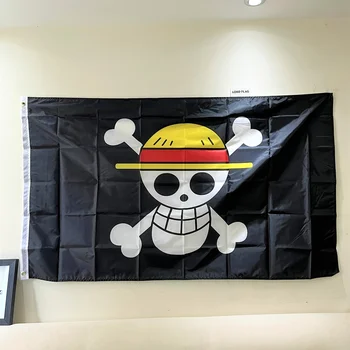 Бесплатная доставка, 90 *150 см, полиэстер, Пиратская обезьяна, Череп Д. Луффи, флаг, цельная соломенная шляпа, Пиратская труба, баннер, флаг Изображение