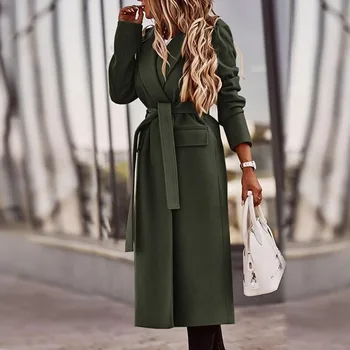 Женское пальто с длинными рукавами, Куртка, пальто с лацканами, однотонное Рабочее пальто с поясом, куртка, утепленная талия, Облегающее Женское Платье Осень/зима Изображение