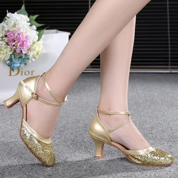 1 пара/лот, роскошные женские туфли для вальса в винтажном стиле с блестками, женская обувь для международных латиноамериканских танцев Изображение