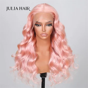 Julia Hair Свободные Волнистые Кружевные фронтальные Парики Из человеческих Волос, пастельные Розовые Волнистые волосы, предварительно выщипанные с детскими волосами Для женщин Изображение