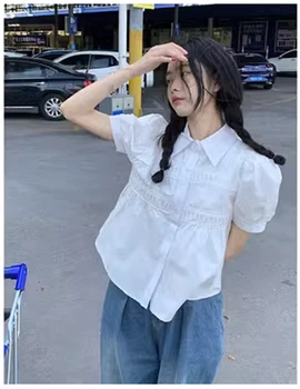2023, весенне-летняя женская одежда, корейская однотонная рубашка Поло с коротким рукавом, дизайн выглядит маленьким и уникальным, универсальный Топ-тренд Изображение