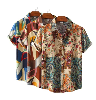 Мужская Летняя рубашка из хлопка и полиэстера с коротким рукавом в стиле Бохо, Дышащие Гавайские Пляжные мужские Рубашки, повседневная блузка Для мужчин Изображение