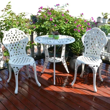 набор для бистро из литого алюминия с рисунком розы, 3 шт., всепогодная мебель для патио, садовый стул и стол, высокое качество, белый бронзовый цвет Изображение