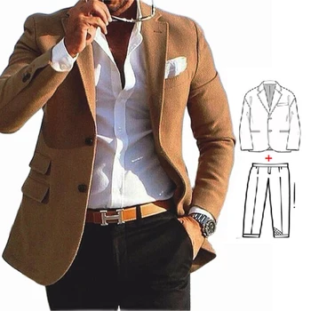 Новейший коричневый костюм из 2 предметов, мужской блейзер, повседневный модный деловой смокинг, мужские костюмы для свадьбы, приталенный комплект из пиджака и брюк Изображение
