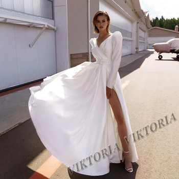 VIKTORIA Модные свадебные платья для женщин с открытой спиной и длинными рукавами, атлас невесты 2023, трапециевидные аппликации, Vestidos De Novia, сшитые на заказ Изображение