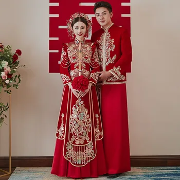 Великолепный золотисто-красный костюм XiuHe В традиционном китайском стиле, женское свадебное платье, бриллианты украшают Длинные рукава, комплект для Невесты Изображение