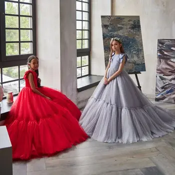 Красные платья с цветочным узором для девочек на свадьбу, бальное платье из тюля, многоуровневые длинные платья для Первого причастия для маленьких девочек Изображение