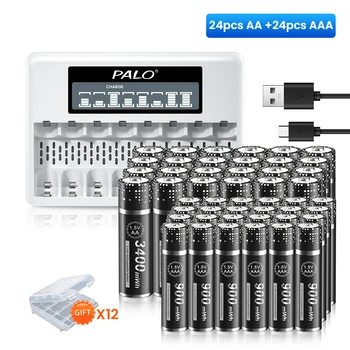PALO 1,5 В AAA AA Литий-ионная Аккумуляторная батарея 3400 МВтч AA Литиевая батарея + 900 МВтч AAA литий-ионная батарея AA AAA Батарея + 8 слотов зарядного устройства Изображение