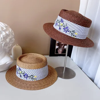 Ретро вышитые цветы широкая лента соломенная шляпа женская летняя солнцезащитная шляпа с плоским верхом модная универсальная художественная модная шляпа Изображение