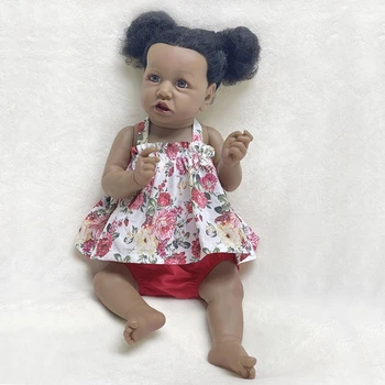 55 СМ Куклы Bebe Reborn, Полное Силиконовое Тело, Кукла для Маленьких Девочек с Укоренившимися Черными Вьющимися Волосами, Афроамериканские Игрушки Bebe para ninas Изображение