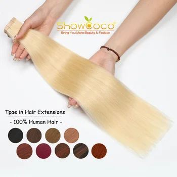 Лента для наращивания человеческих волос Для женщин, Платиновый Блонд #613, Бесшовная Клейкая лента Ins, Прямые 100% человеческие волосы Изображение