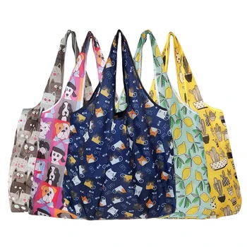 Складная хозяйственная сумка многоразового использования, дорожная сумка для продуктов, экологичная сумка-тоут с рисунком кота, собаки, кактуса и лимона Изображение