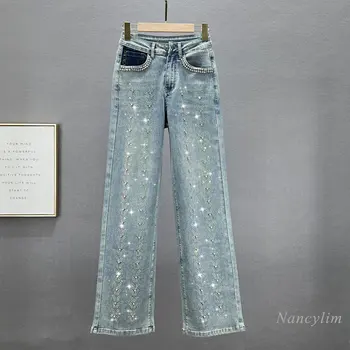 Сверхпрочные джинсы для женщин 2023, Модные новые летние Осенние брюки с высокой талией, свободные и утягивающие, со встроенными бриллиантами, Джинсовые брюки Изображение