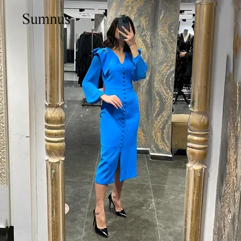 Sumnus Royal Blue Mermaid Миди Саудовско-Арабские Вечерние Платья С Длинным рукавом и Разрезом Спереди Вечерние платья для Вечеринок Элегантные Наряды Изображение