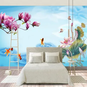 Изготовленный на заказ 3D Китайский стиль Современный Минималистичный Цветок Магнолии, Рыба-Лотос, Фреска для обоев Papel De Parede, домашний Декор, Гобелен Изображение