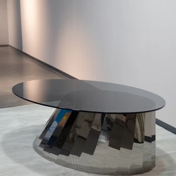 Легкая роскошь, Современный дизайнерский столик из итальянского стекла трехмерной овальной формы из нержавеющей стали Изображение