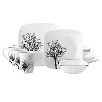 Набор посуды Corelle Square из 16 предметов с деревянными тенями, сервиз на 4 персоны Изображение