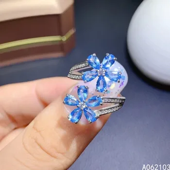 KJJEAXCMY изысканные ювелирные изделия из стерлингового серебра 925 пробы, инкрустированные натуральным голубым топазом, женский свежий прекрасный цветок, регулируемое кольцо с драгоценным камнем, поддержка det Изображение