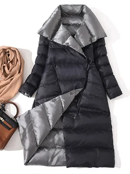 Зимняя женская куртка на 90% Белом Утином пуху, Длинное толстое двустороннее пальто, Женская теплая Двубортная парка, Верхняя одежда, пальто Изображение