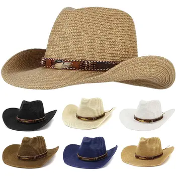 Винтажная Соломенная ковбойская шляпа для мужчины женщины Панама Западная пастушка с широкими полями джазовая шапка мужская открытый отдых пляж солнце шляпы челнока Изображение